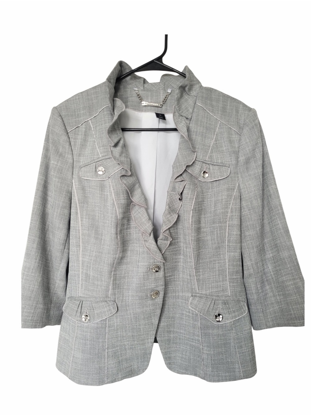 ✅ White House Black Market Light Gray Ruffle Trim Blazer jacket size 12
